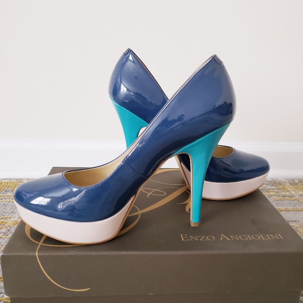 Enzo Angiolini Two-Tone Patent Platform Pumps | Navy & Teal | Size 8